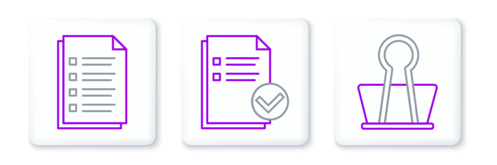 Poster - Set line Binder clip, File document and Document and check mark icon. Vector