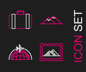 Sticker - Set line Postal stamp and Egypt pyramids, Globe with flying plane, Mountains and Suitcase for travel icon. Vector