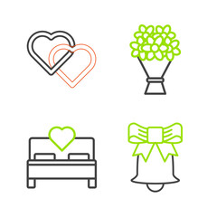 Sticker - Set line Ringing bell, Bedroom, Bouquet of flowers and Two Linked Hearts icon. Vector