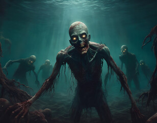 Wall Mural - A crowd of zombies underwater in the sea