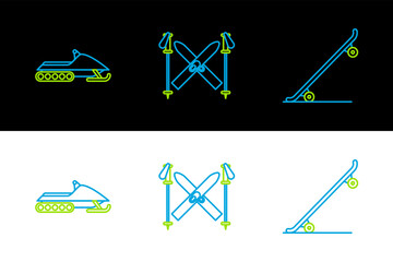 Sticker - Set line Skateboard, Snowmobile and Ski and sticks icon. Vector