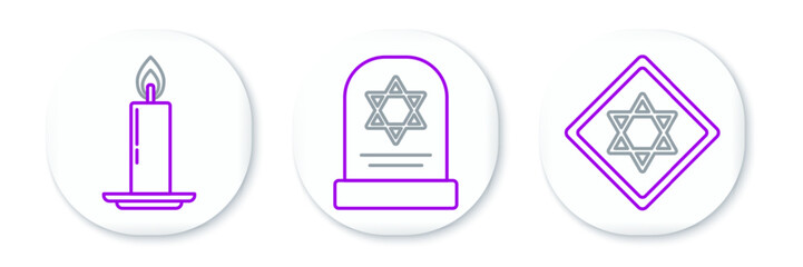 Sticker - Set line Star of David, Burning candle in candlestick and Tombstone with star david icon. Vector