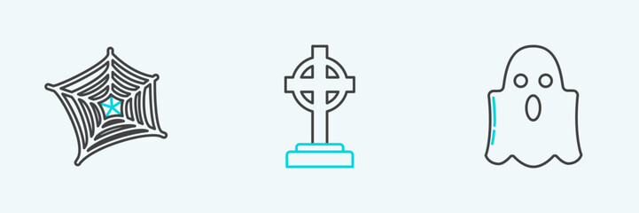 Wall Mural - Set line Ghost, Spider web and Tombstone with cross icon. Vector