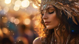 Fototapeta Sport - Enchanting Portrait of a Woman Adorned in a Festive Costume with Ethereal Golden Sparkles and Warm Bokeh Lights