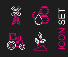 Sticker - Set line Sprout, Tractor, Honeycomb and Windmill icon. Vector