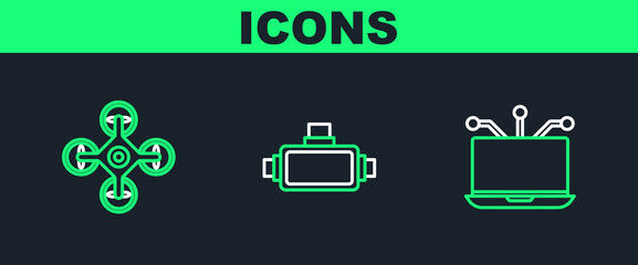 Canvas Print - Set line Laptop, Drone and Virtual reality glasses icon. Vector