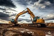 Excavators working at construction site under cloudy sky. Generative AI