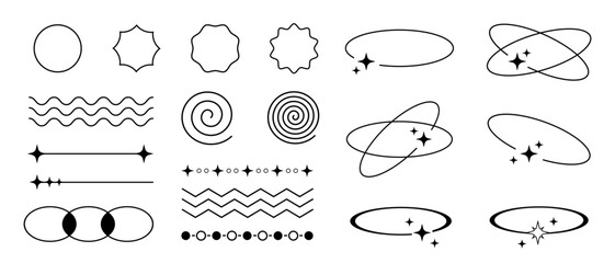 Wall Mural - set of retro outline black thin empty frames, decorative design elements and dividers in y2k futuris