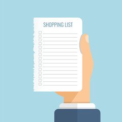 Wall Mural - Shopping list in hand icon in flat style. Memo pages vector illustration on isolated background. Daily planner sign business concept.