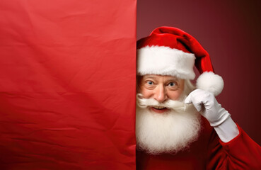 Canvas Print - Santaclaus peeks out from behind a red banner, a banner with space for your text, Christmases