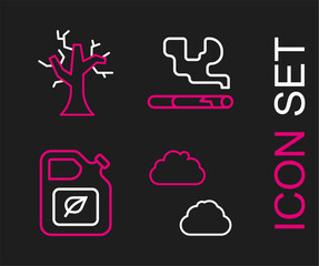 Sticker - Set line Cloud, Bio fuel canister, Cigarette and Withered tree icon. Vector