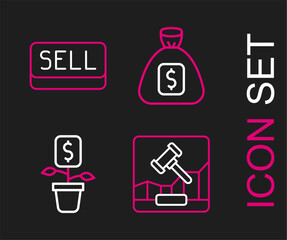 Poster - Set line Online internet auction, Dollar plant, Money bag and Sell button icon. Vector