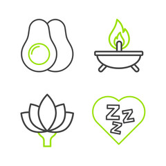 Poster - Set line Sleepy, Lotus flower, Aroma candle and Avocado fruit icon. Vector