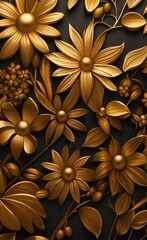 golden floral background, abstract vintage flower design, mural art, gold nature, floral wallpaper background, Generative AI