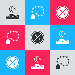 Poster - Set Muslim man prays, Rosary beads religion and No Smoking icon. Vector