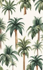  Tropical vintage palm trees, banana tree, palm leaves floral seamless pattern white background. Exotic jungle wallpaper, Generative AI