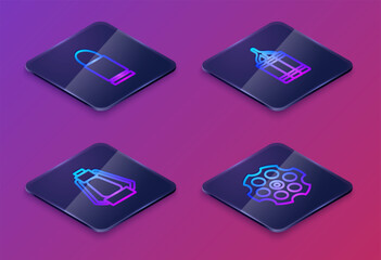 Sticker - Set Isometric line Bullet, Camping lantern, Dynamite bomb and Revolver cylinder. Blue square button. Vector