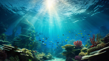 Wall Mural - underwater panorama, vibrant coral reef with schools of fish, dreamlike distortion, lens flare, ethereal sunlight filtering down