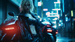 Cyberpunk Tokyo street scene at night, anime style, featuring a female protagonist with neon blue hair and robotic arm, standing near a futuristic motorcycle. Neon billboards, rain-soaked pavement