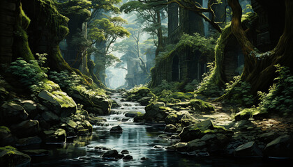 Sticker - Mysterious forest, tranquil scene, wet rocks, adventure in nature generated by AI