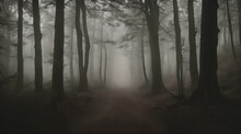 Spooky Dark Mysterious Forest Path. Mist And Fog. AI Generated.