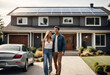 A happy couple stands smiling in the driveway of a large house with solar panels installed. Real estate new home concept. america people, full body