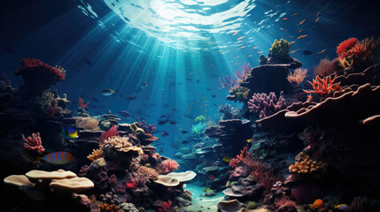 Wall Mural - underwater coral reef landscape background in the deep blue ocean with colorful fish and marine life.
