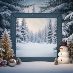 Aufkleber - Christmas cold frame with a cozy winter themed background with tree, snow man