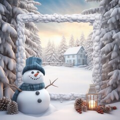 Aufkleber - Christmas cold frame with a cozy winter themed background with tree, snow man