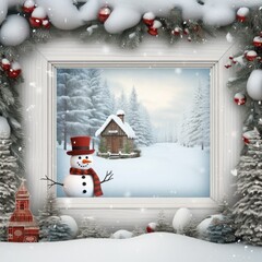 Aufkleber - Christmas cold frame with a cozy winter themed background with tree, snow man