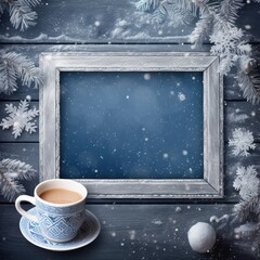 Aufkleber - Christmas cold frame with a cozy winter themed background with tree, snow man