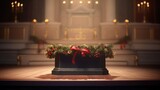 Fototapeta  - Empty podium placed against a festive Christmas-themed background. The podium is bathed in soft, warm lighting, traditional Christmas decorations, creating a delightful and welcoming Photography,