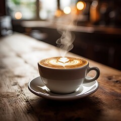 Poster - Aromatic morning. Vintage style espresso in rustic coffee cup on wooden table close up. Cafe charm