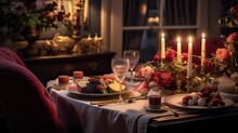 A Luxurious Romantic Candlelit Dinner Table Set For A Couple On Valentine's Day With Glasses, Flowers, And Beautiful Food Decor. Generative AI.