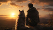 A people of a dog and a man looking into the sunset