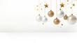 Białe świąteczne tło na życzenia lub baner z ozdobami bożonarodzeniowymi - bombki, gwiazdki, dekoracje choinkowe. Wesołych Świąt Bożego Narodzenia