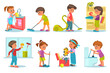 Smiling kids cleaning home. Little children wash and vacuum floors. Girl with mop and broom. Baby folding toys and books. Household chores. Housekeeper activities. Splendid png set