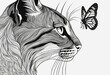 AI generated illustration of a cat playing with a butterfly in grayscale sketch