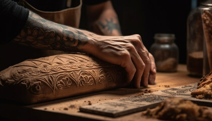 Sticker - The skilled craftsman tattooed hand creates pottery with spirituality generated by AI