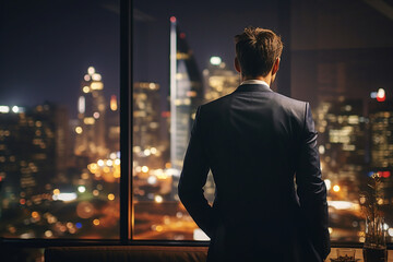 Wall Mural - Successful Businessman Looking Out of the Window on Late Evening, Modern Hedge Fund Investor Enjoying Successful Life, Urban View with Down Town Street with Skyscrapers at Night with Neon Lights