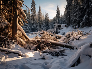 Wall Mural - Pine forest in winter with snow and fallen trees at day light