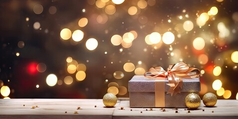 Wall Mural - Festive christmas present. Golden decorated gift box in bokeh background. Golden holiday surprise. Festive christmas in lights background