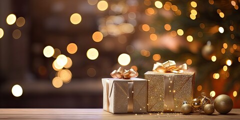 Wall Mural - Festive christmas present. Golden decorated gift box in bokeh background. Golden holiday surprise. Festive christmas in lights background