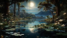 Tranquil Scene  Sunset Reflects On Pond, Tree, And Mountain Generated By AI