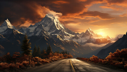 Wall Mural - Majestic mountain peak in a tranquil autumn meadow, breathtaking sunset generated by AI