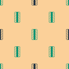 Sticker - Green and black Car tire wheel icon isolated seamless pattern on beige background. Vector