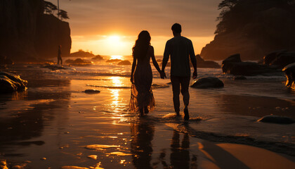 Poster - Sunset romance  Two people embrace, walking on tranquil coastline generated by AI