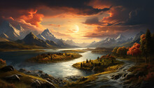 Majestic Mountain Range Reflects In Tranquil Water At Sunset Generated By AI