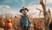 Smiling Scarecrow Decorates Rural Scene For Spooky Halloween Celebration Generated By AI