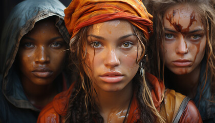 Wall Mural - Beautiful young women smiling, looking at camera, showcasing their beauty generated by AI